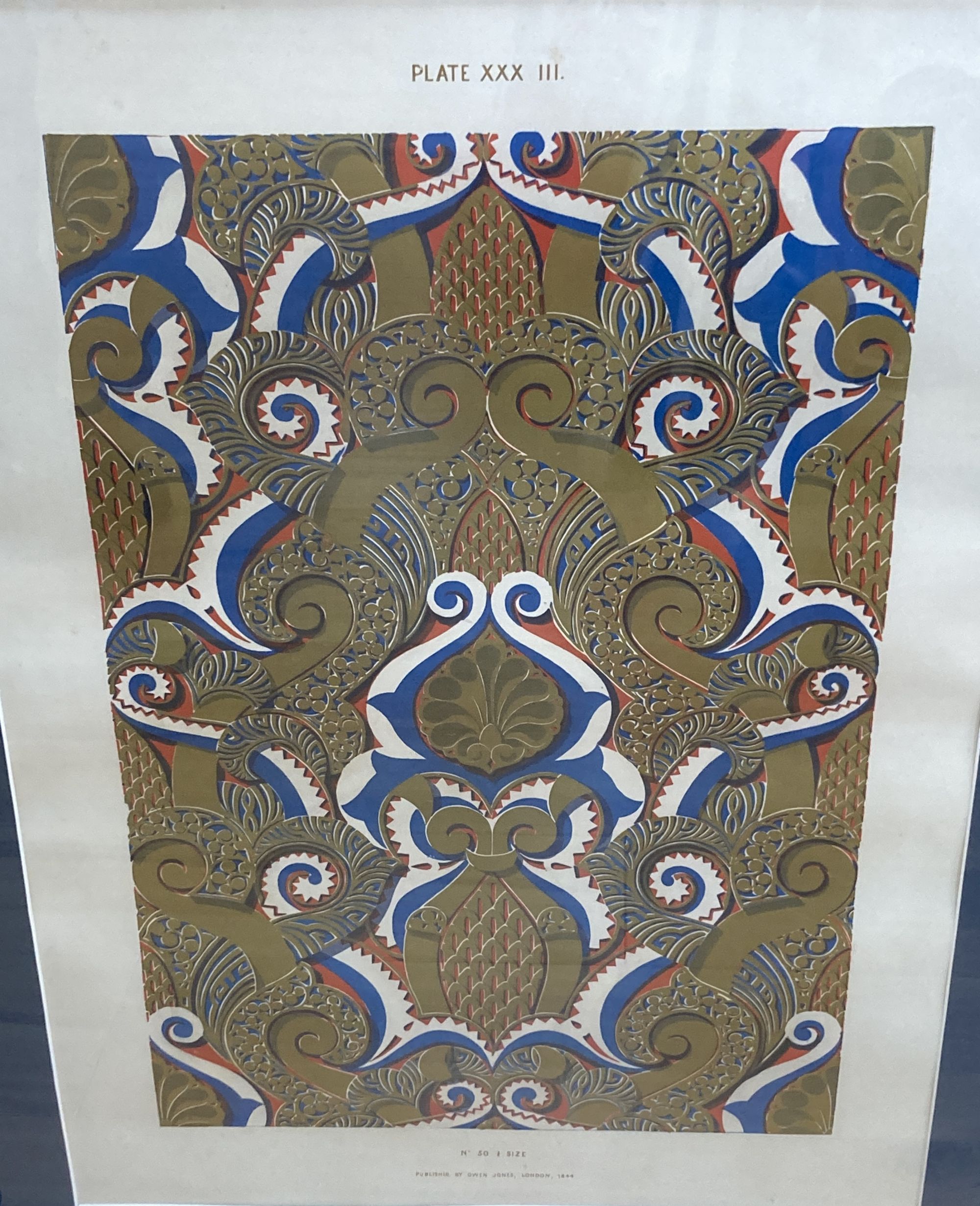 Owen Jones, three chromolithographs, column capital and other designs 1844, 38 x 54cm